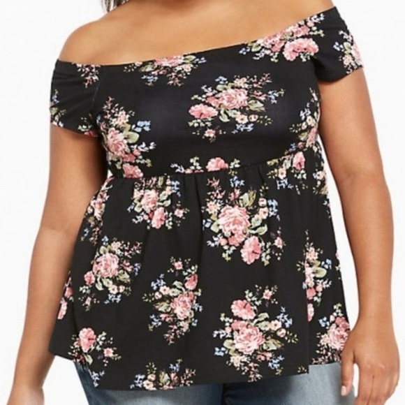 Torrid Floral Print Off Shoulder Babydoll Top Black Pink 2 - Picture 1 of 7